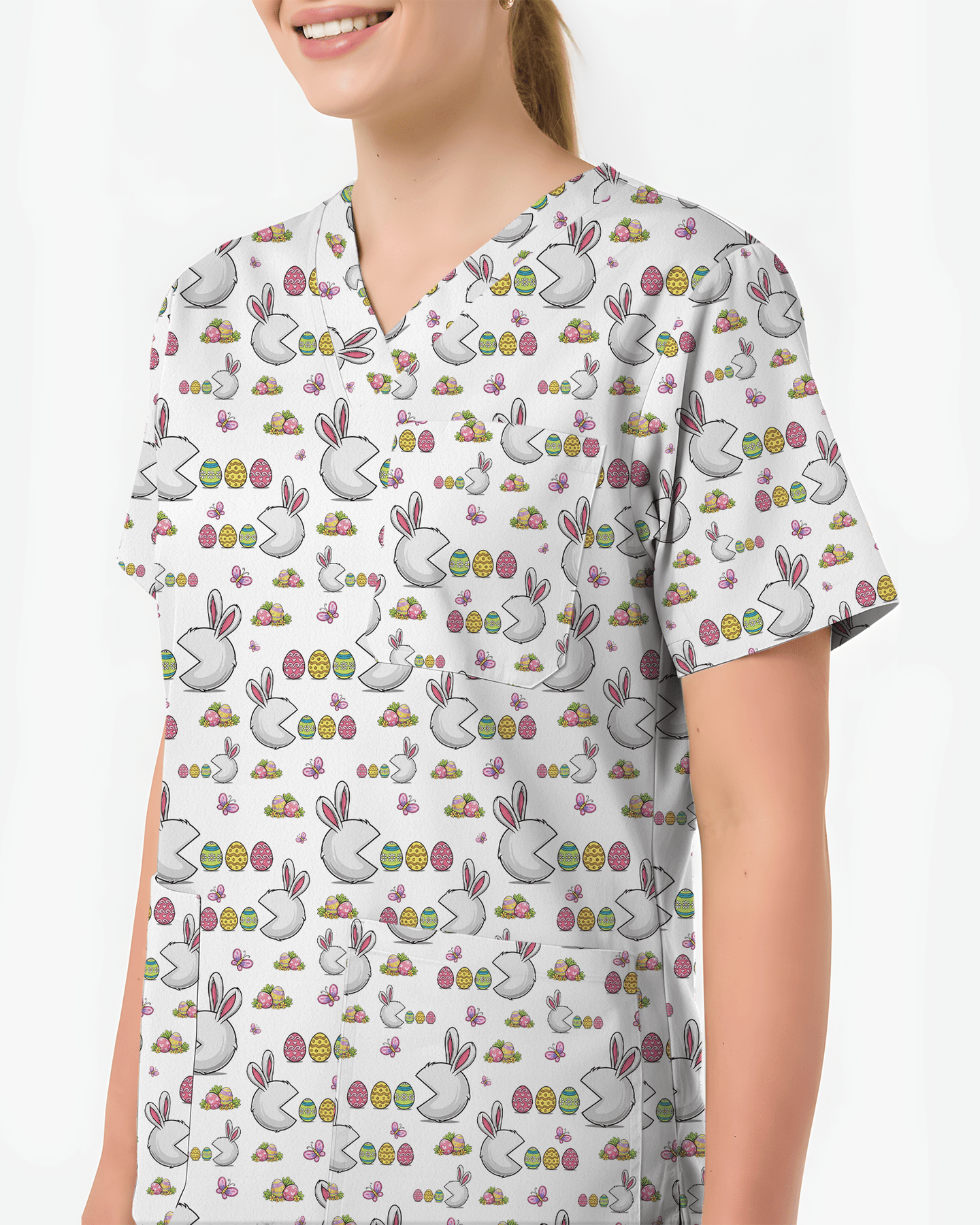 Funny Easter Bunny Pacman Style Cute Nurse Scrub Top - Scrubloop
