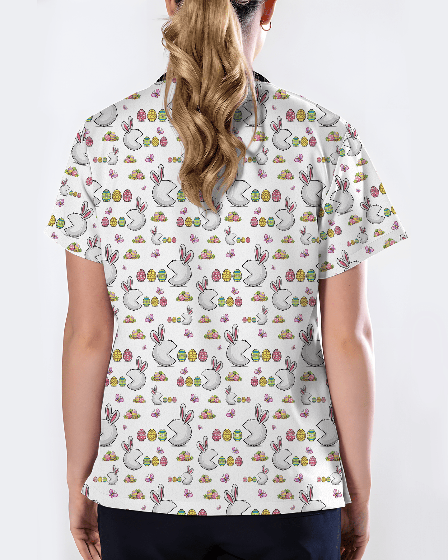 Funny Easter Bunny Pacman Style Cute Nurse Scrub Top - Scrubloop
