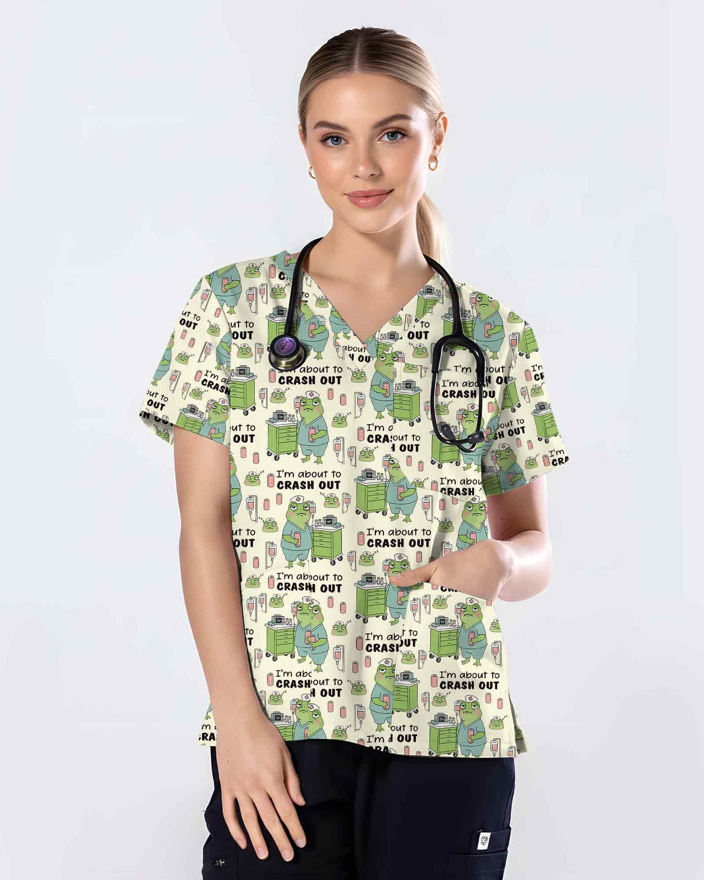 Funny Frog Pattern Nurse Scrub Top - Scrubloop
