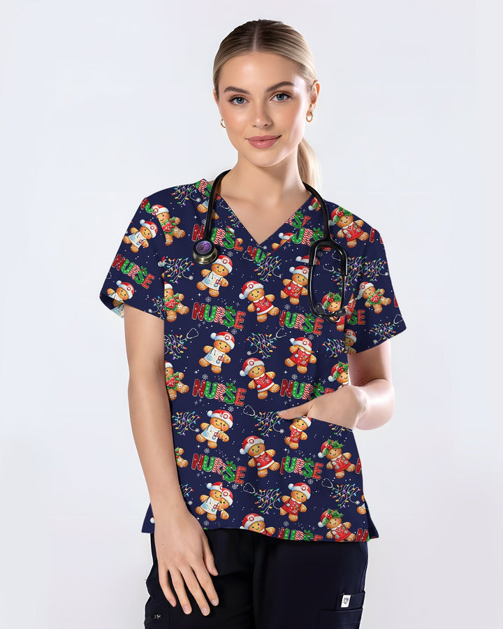 Funny Gingerbread Nurse Christmas Illustration Women Scrub Top