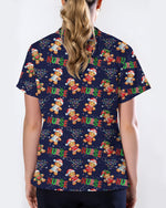 Funny Gingerbread Nurse Christmas Illustration Women Scrub Top - Scrubloop