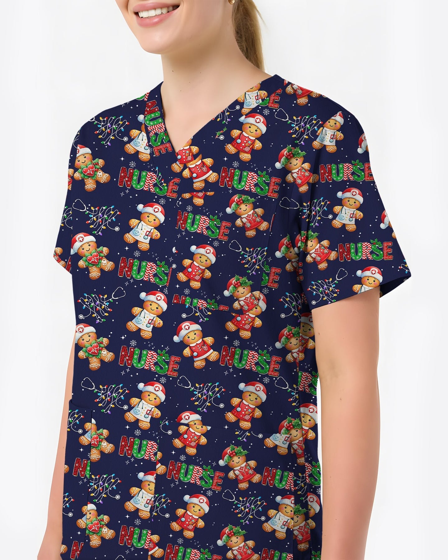 Funny Gingerbread Nurse Christmas Illustration Women Scrub Top - Scrubloop