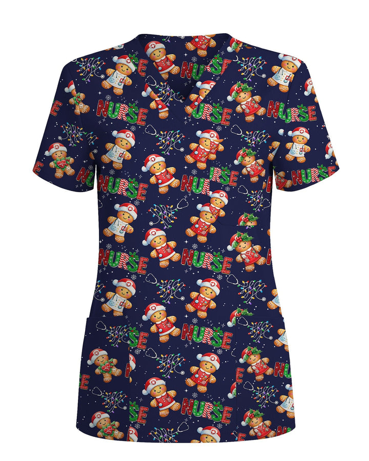 Funny Gingerbread Nurse Christmas Illustration Women Scrub Top