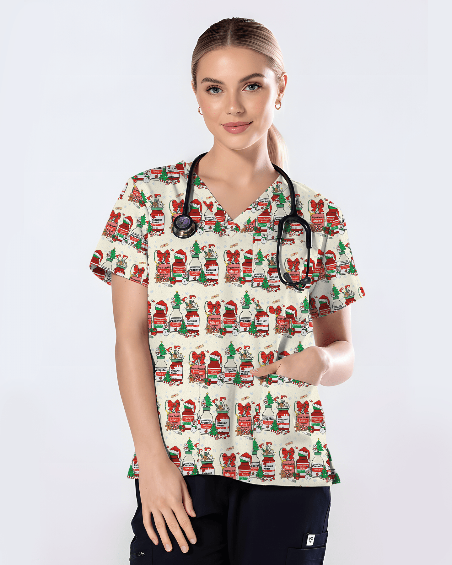 Funny Medical Christmas Medicine Bottle Nurse Scrub Top - Scrubloop