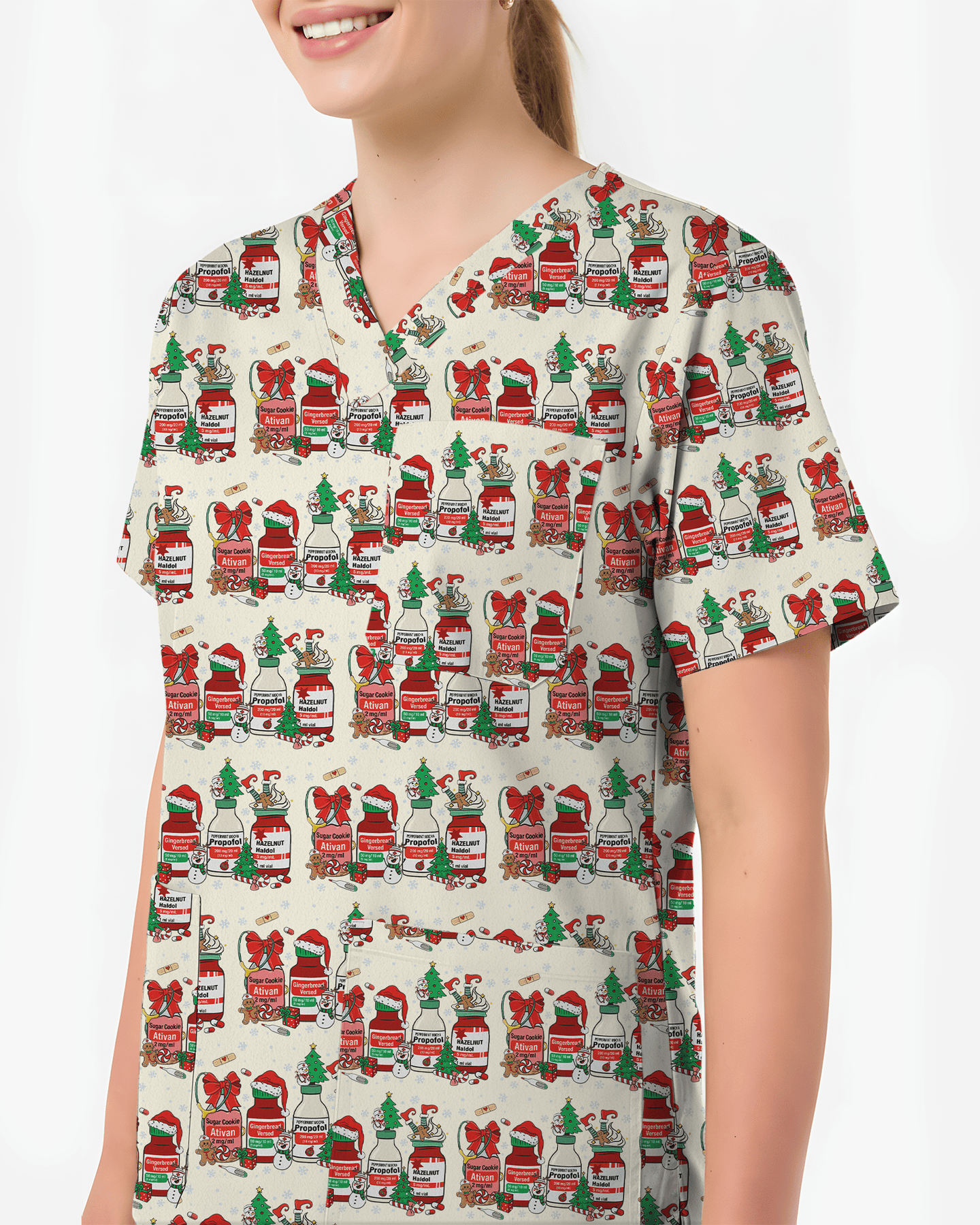 Funny Medical Christmas Medicine Bottle Nurse Scrub Top - Scrubloop
