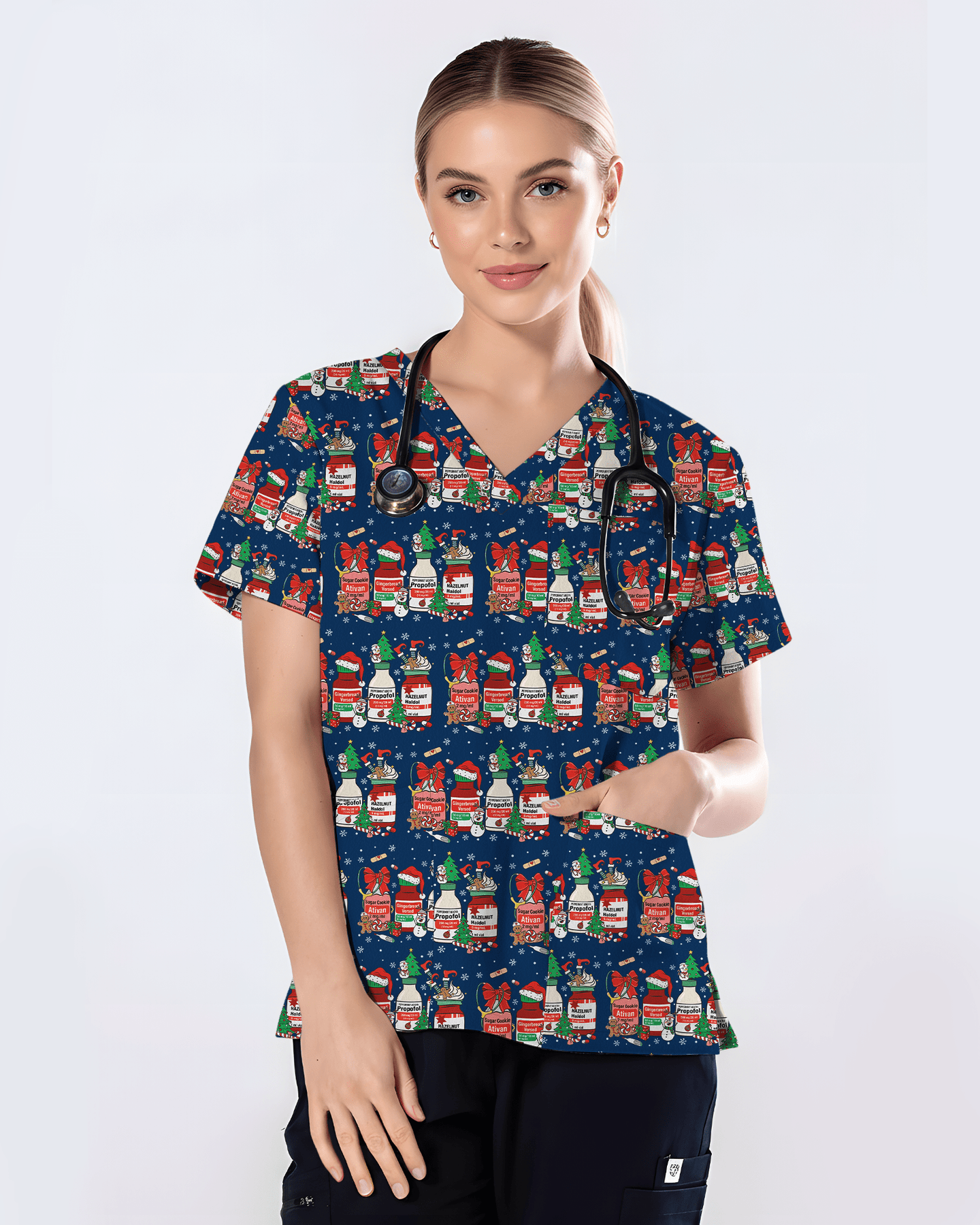 Funny Medical Christmas Medicine Bottle Nurse Scrub Top - Scrubloop