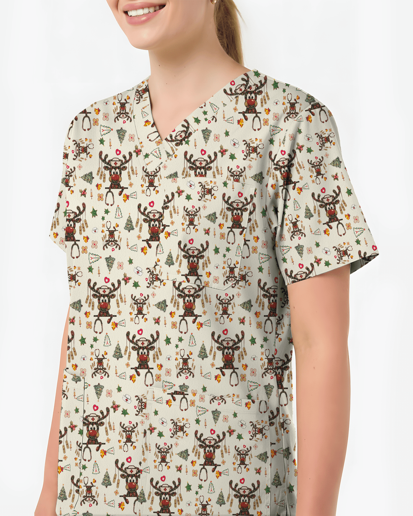 Funny Reindeer Nurse Christmas Scrub Top - Scrubloop