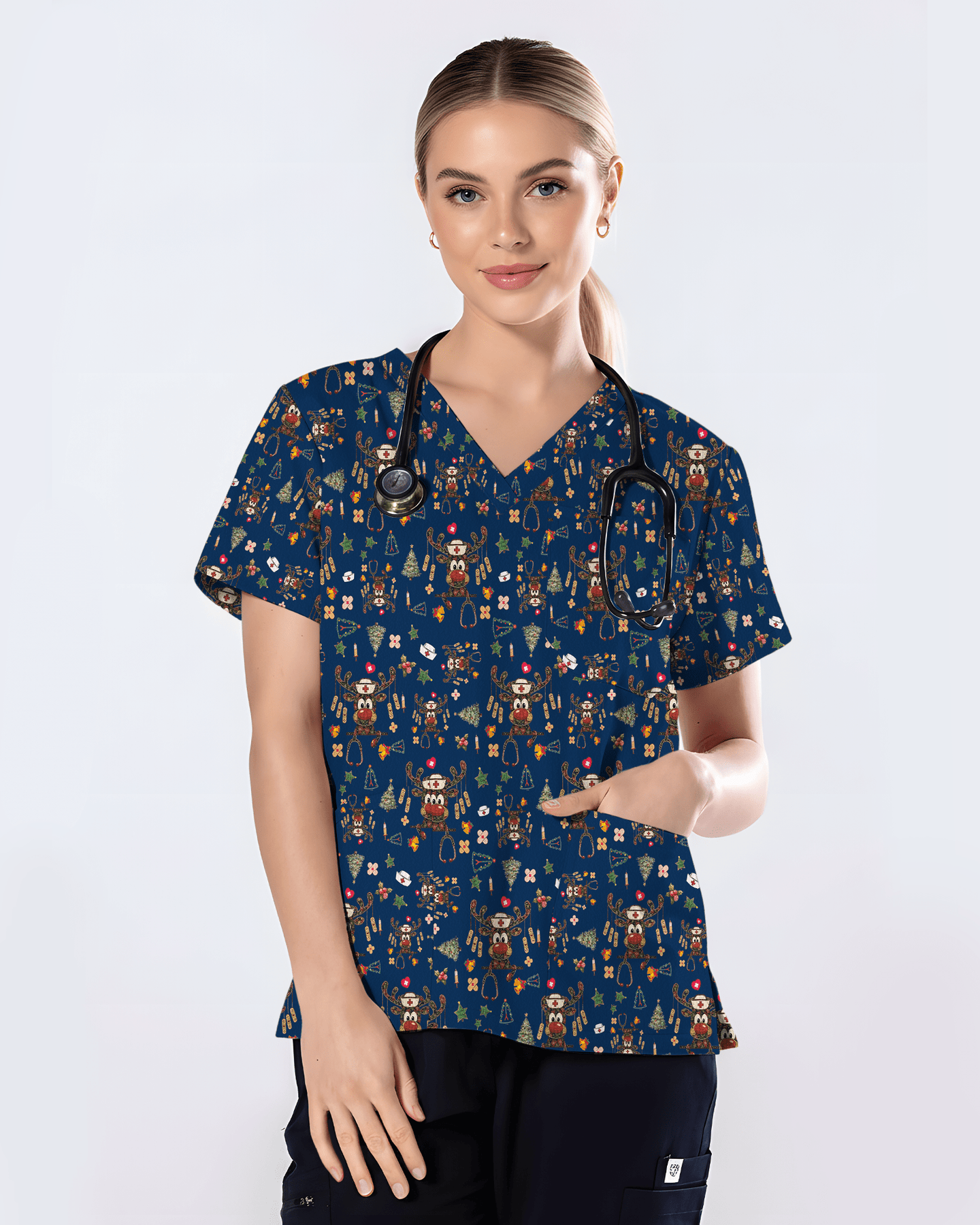 Funny Reindeer Nurse Christmas Scrub Top - Scrubloop