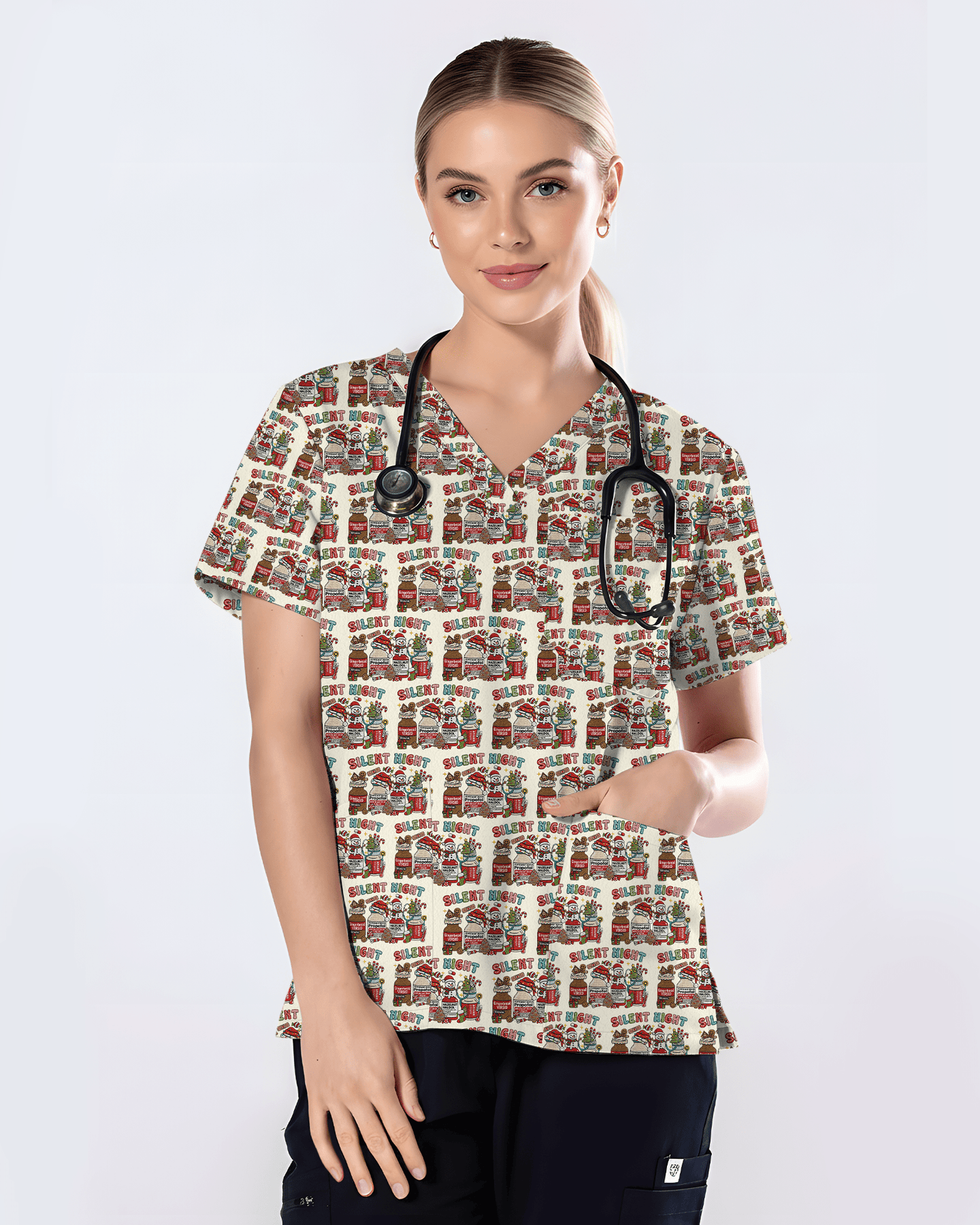 Funny Silent Night Medical Christmas Scrub Top - Scrubloop