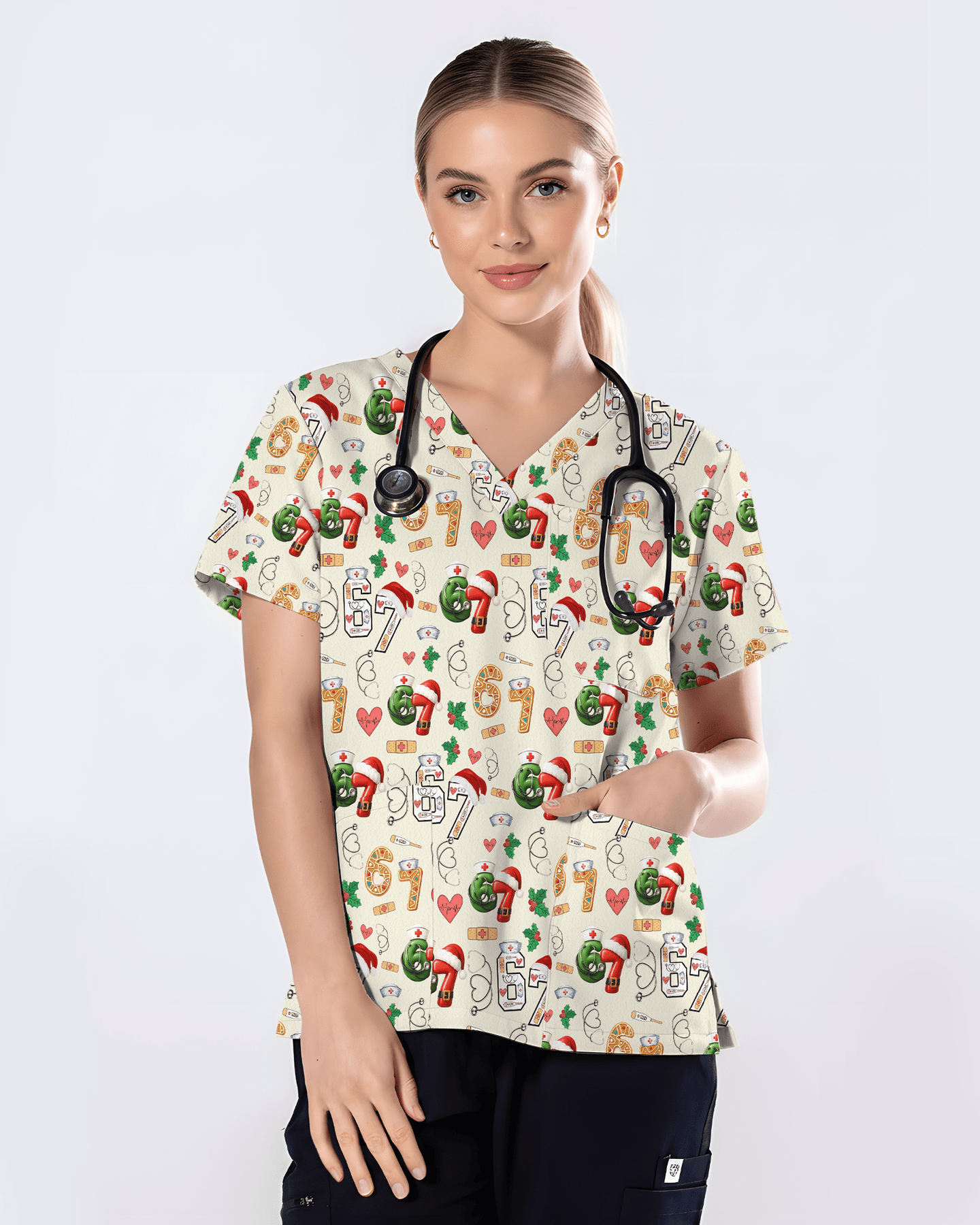 Funny Six Seven Christmas Nurse Scrub Top - Scrubloop