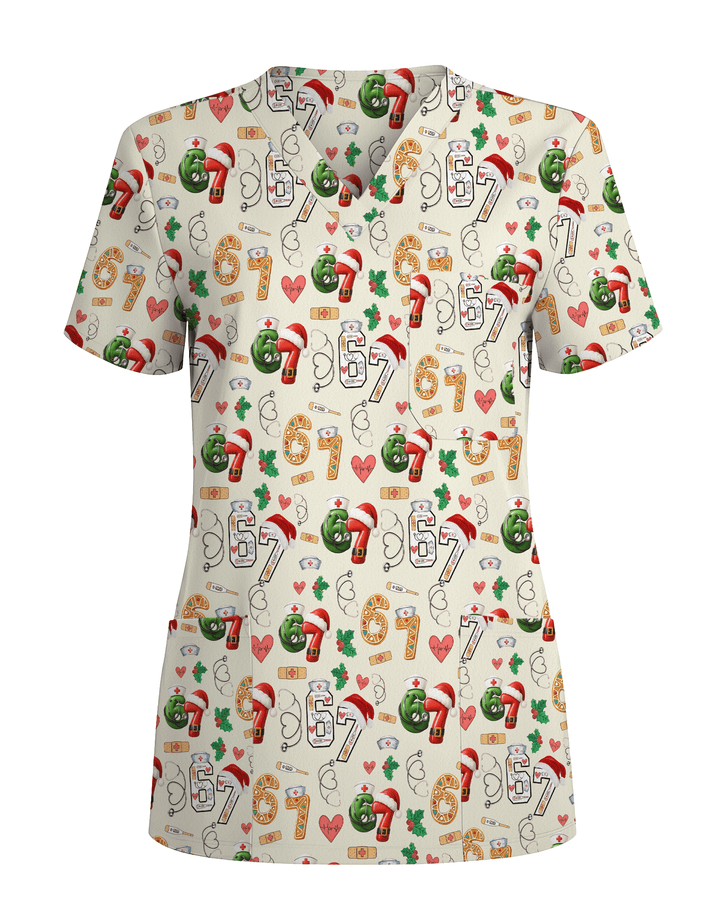 Funny Six Seven Christmas Nurse Scrub Top