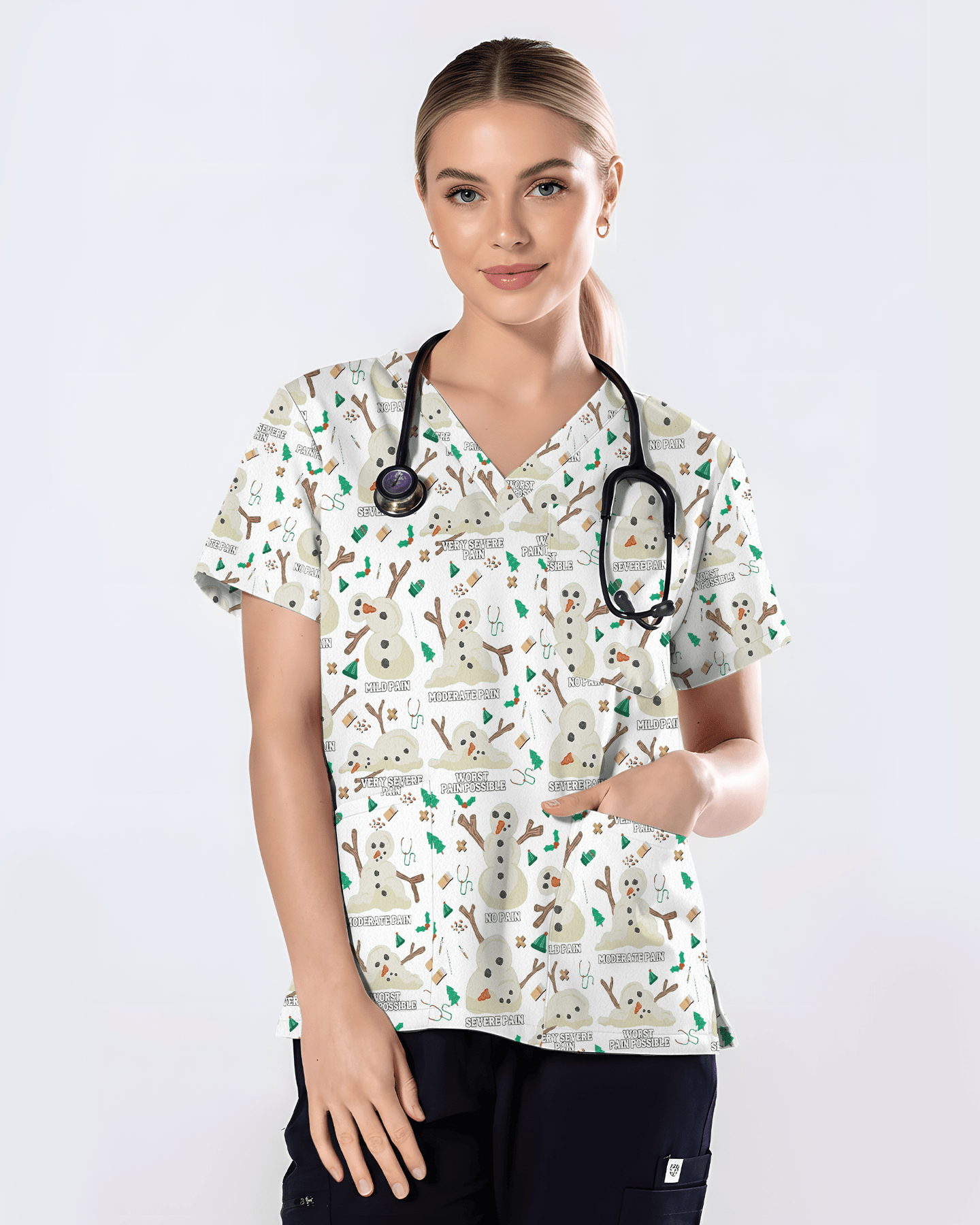 Funny Snowman Pain Scale Christmas Nursing Scrub Top - Scrubloop