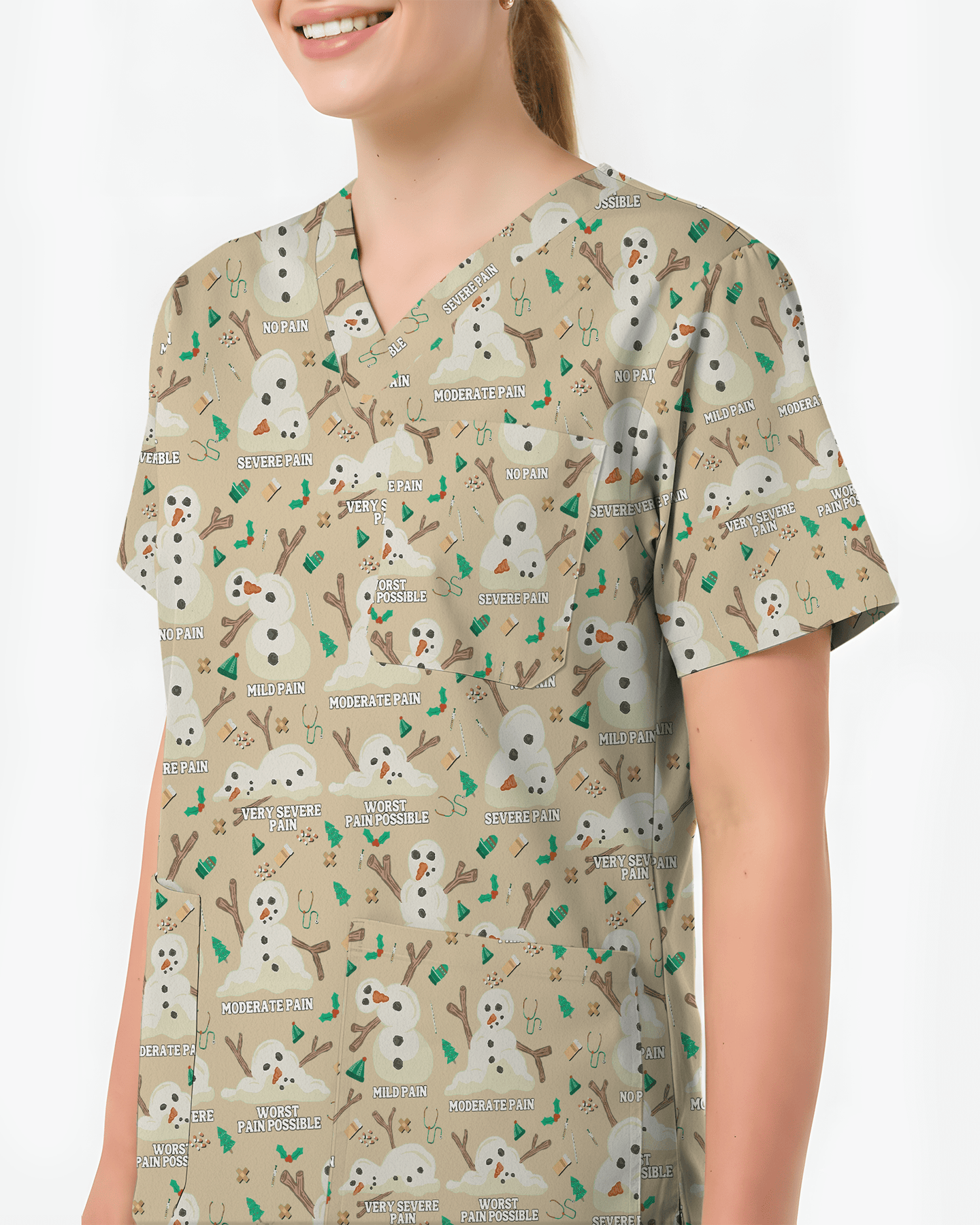 Funny Snowman Pain Scale Christmas Nursing Scrub Top - Scrubloop