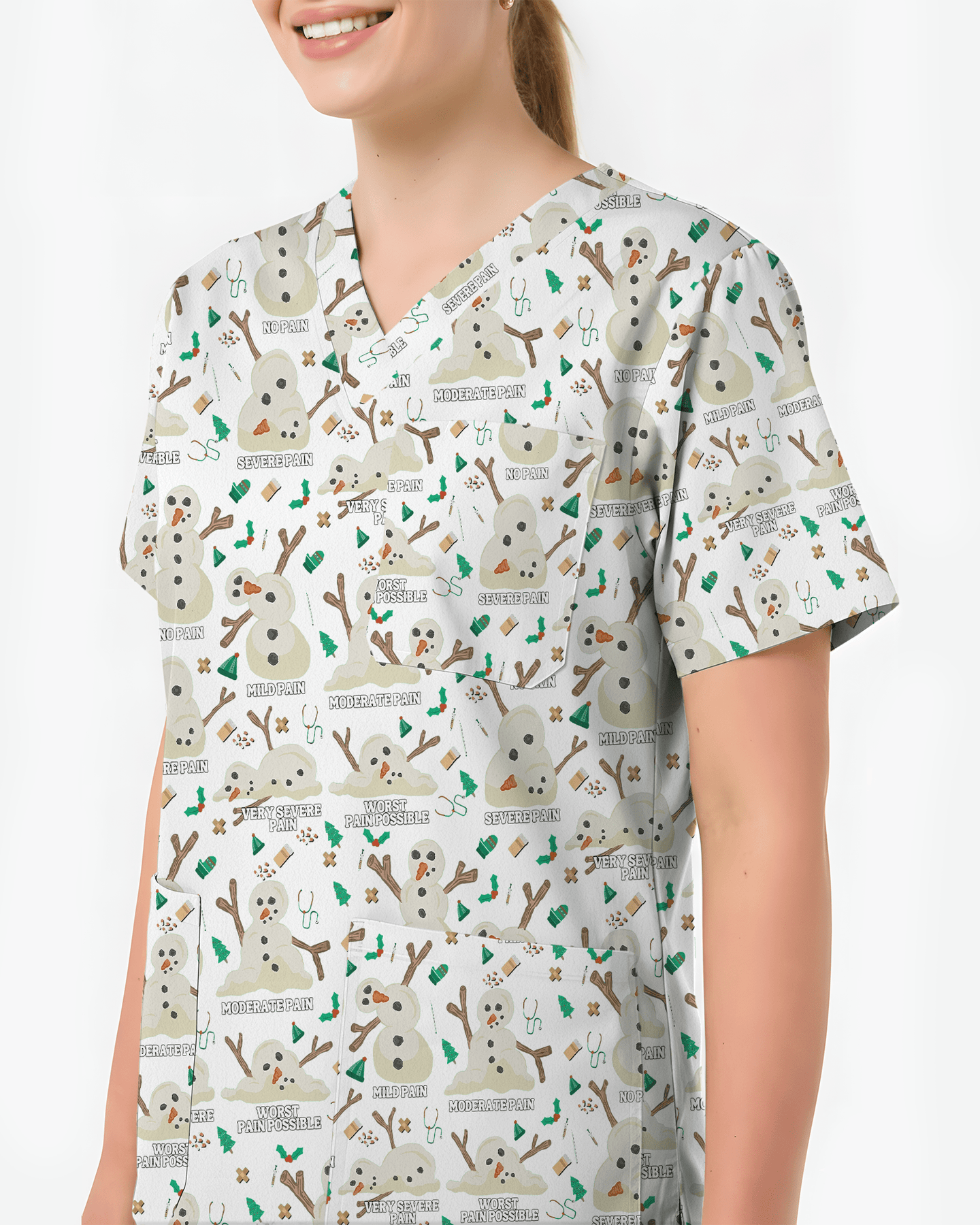 Funny Snowman Pain Scale Christmas Nursing Scrub Top - Scrubloop