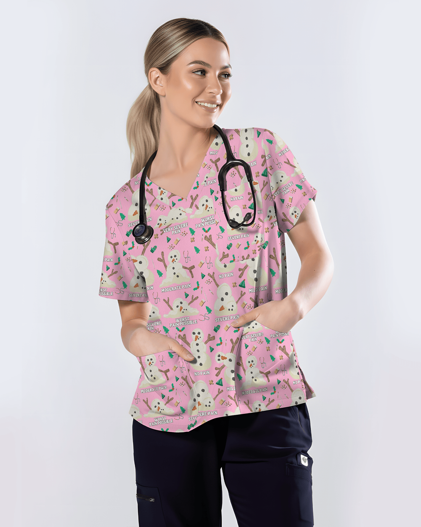 Funny Snowman Pain Scale Christmas Nursing Scrub Top - Scrubloop