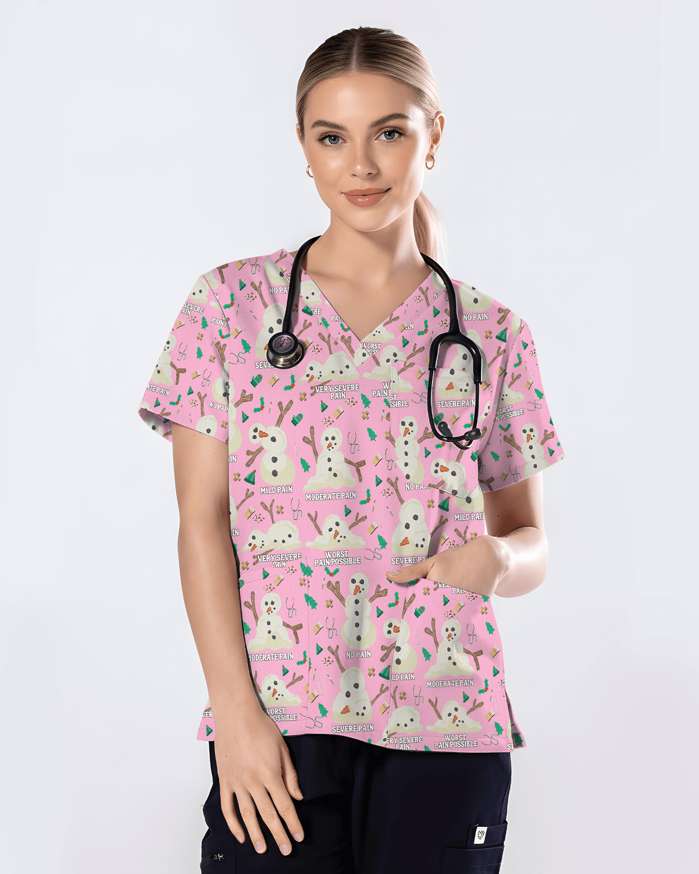 Funny Snowman Pain Scale Christmas Nursing Scrub Top - Scrubloop