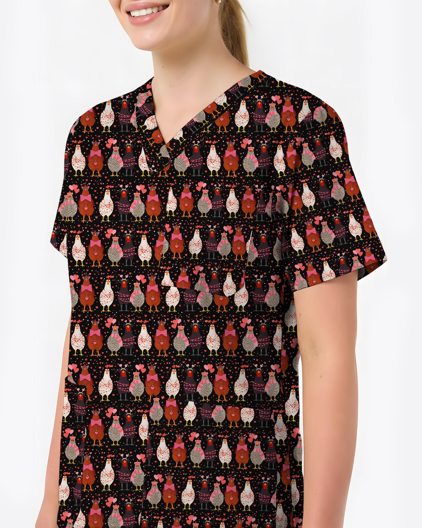 Funny Valentine Chicken with Heart Illustration Women Scrub Top - Scrubloop