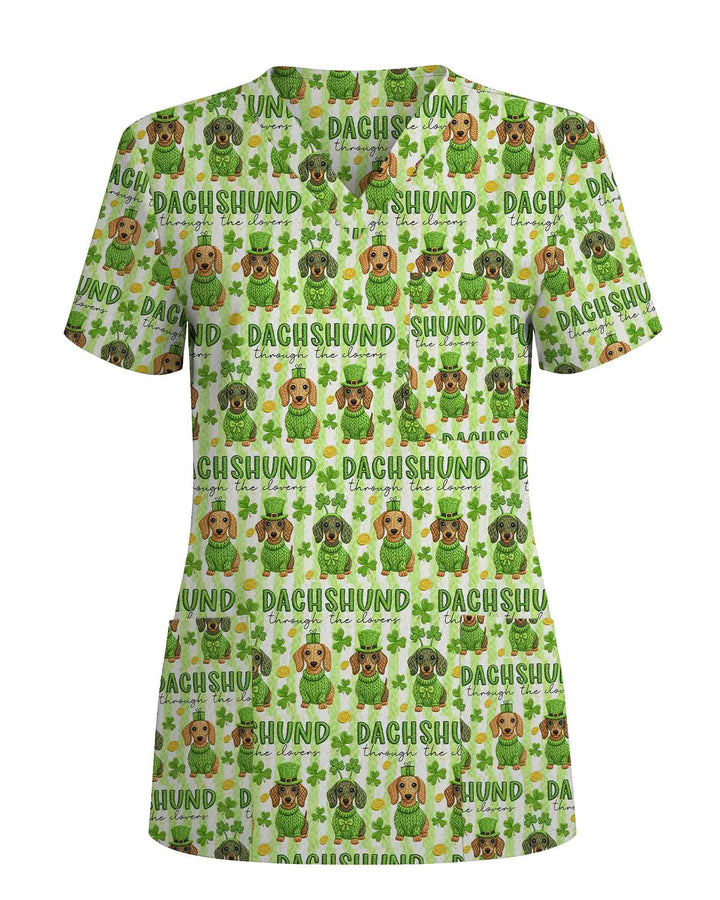 Green Lucky Dachshund  Scrub Top
