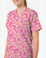 Groovy Pink Retro Disco Waves Women Scrub Top - Scrubloop