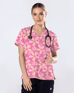 Groovy Pink Retro Disco Waves Women Scrub Top - Scrubloop