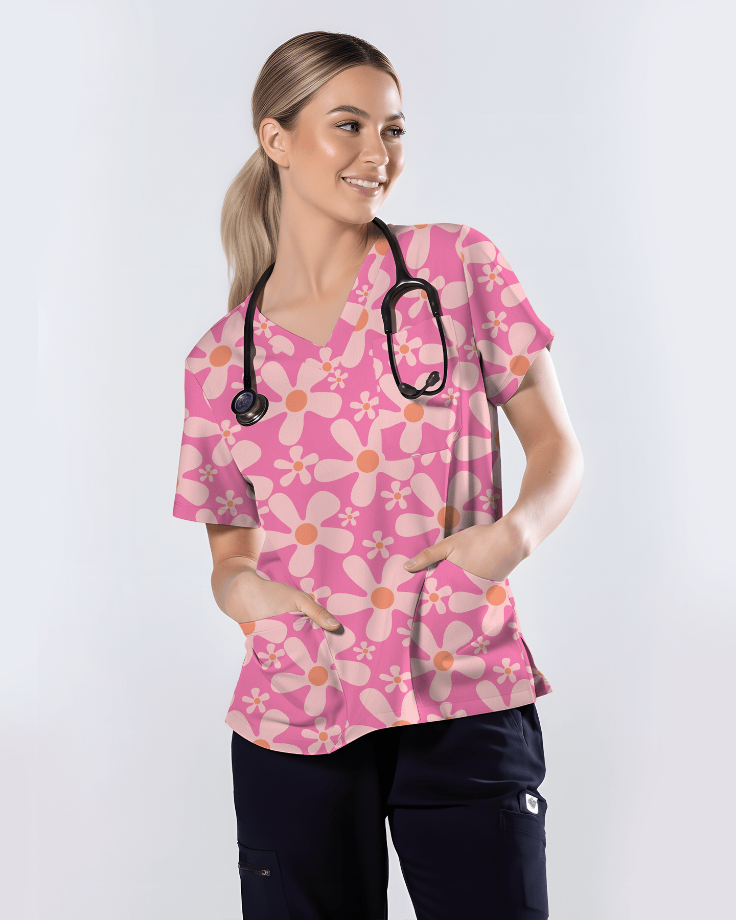 Groovy Pink Retro Disco Waves Women Scrub Top - Scrubloop