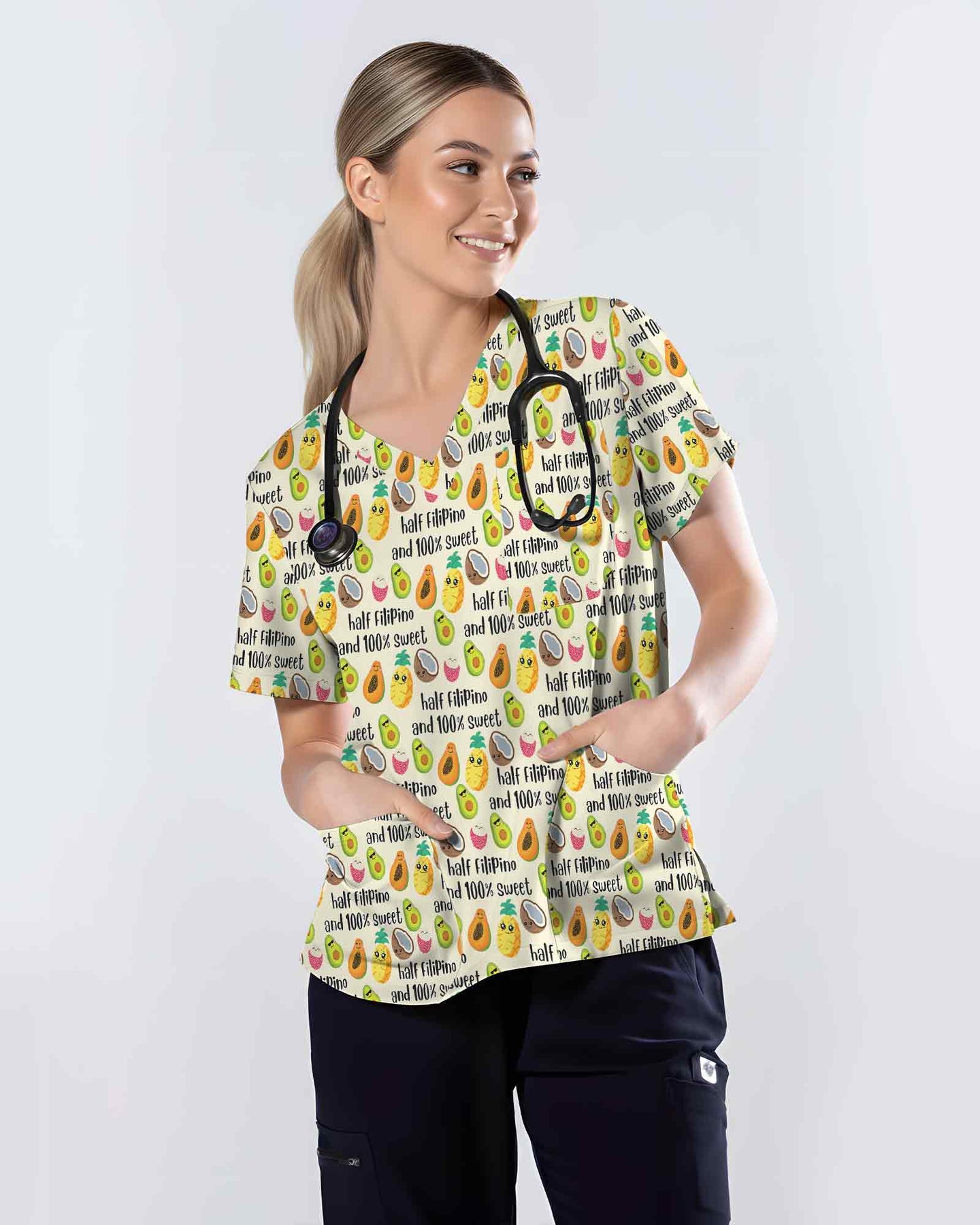 Half Filipino And 100% Sweet Cute Fruit Nurse Scrub Top - Scrubloop