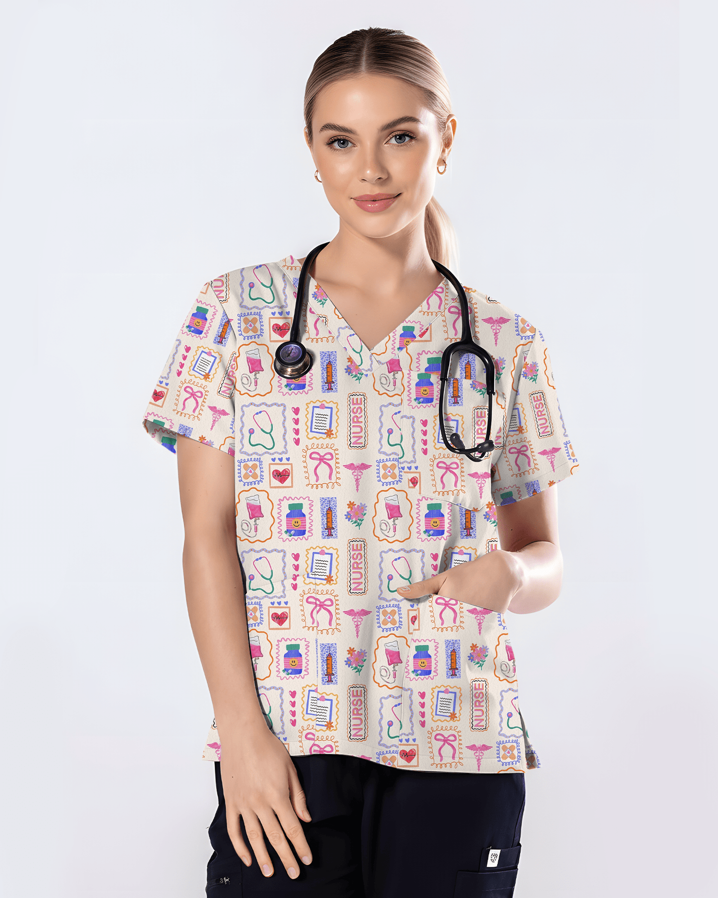 Hand-Drawn Colorful Nurse Life Doodle Scrub Top - Scrubloop