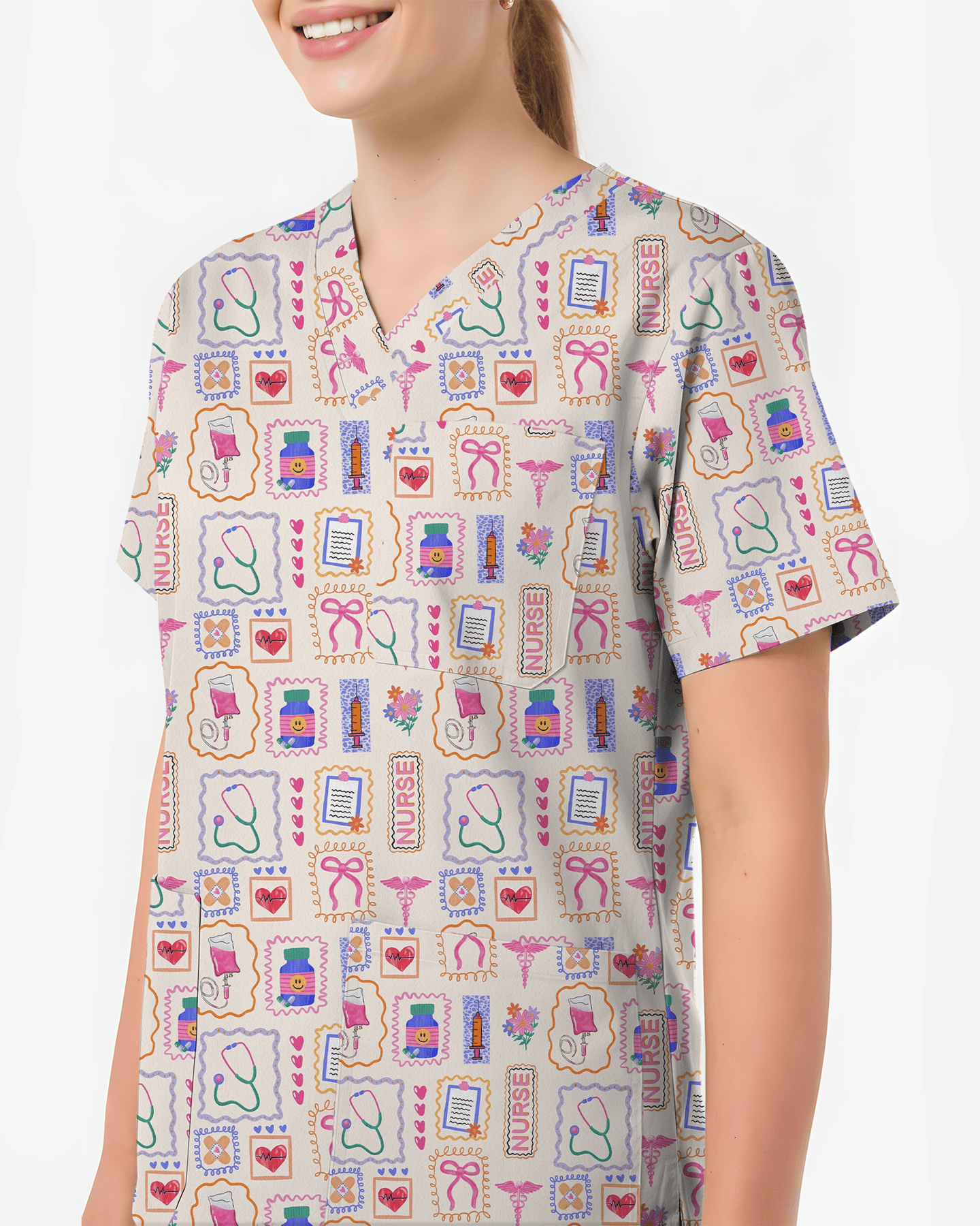 Hand-Drawn Colorful Nurse Life Doodle Scrub Top - Scrubloop