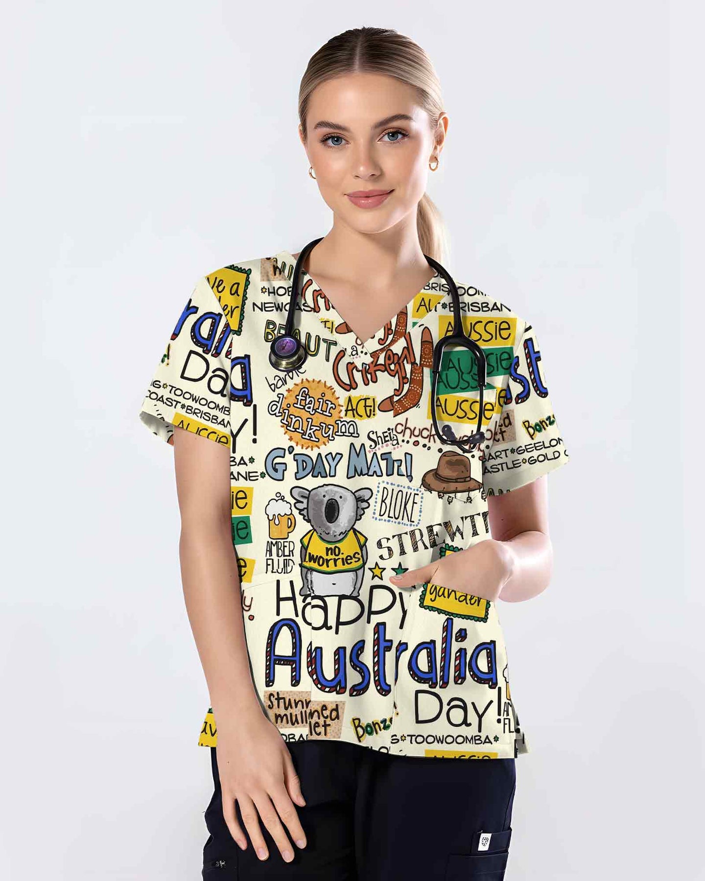 Happy Australia Day Graphic Scrub Top - Scrubloop