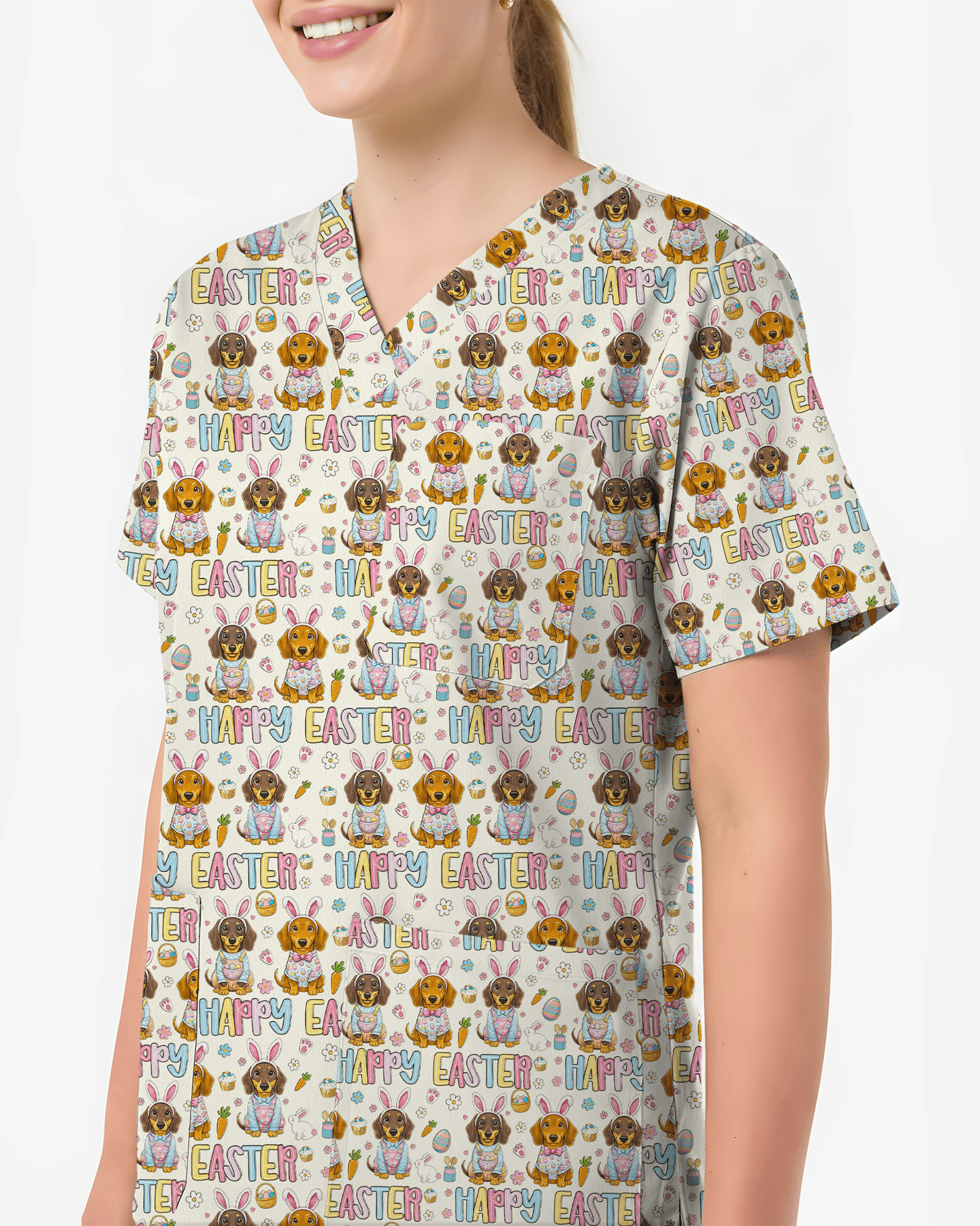 Happy Easter Dachshund Bunny Ears Cute Nurse Scrub Top - Scrubloop
