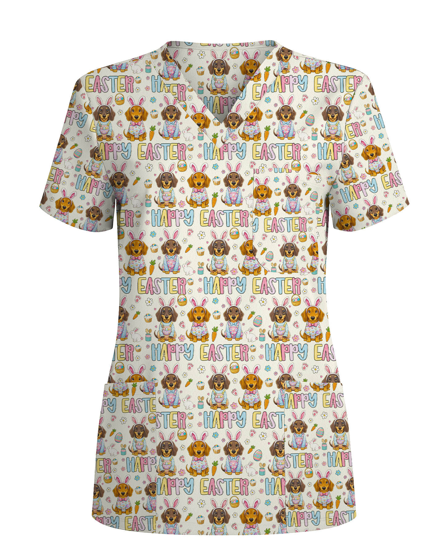Happy Easter Dachshund Bunny Ears Cute Nurse Scrub Top - Scrubloop