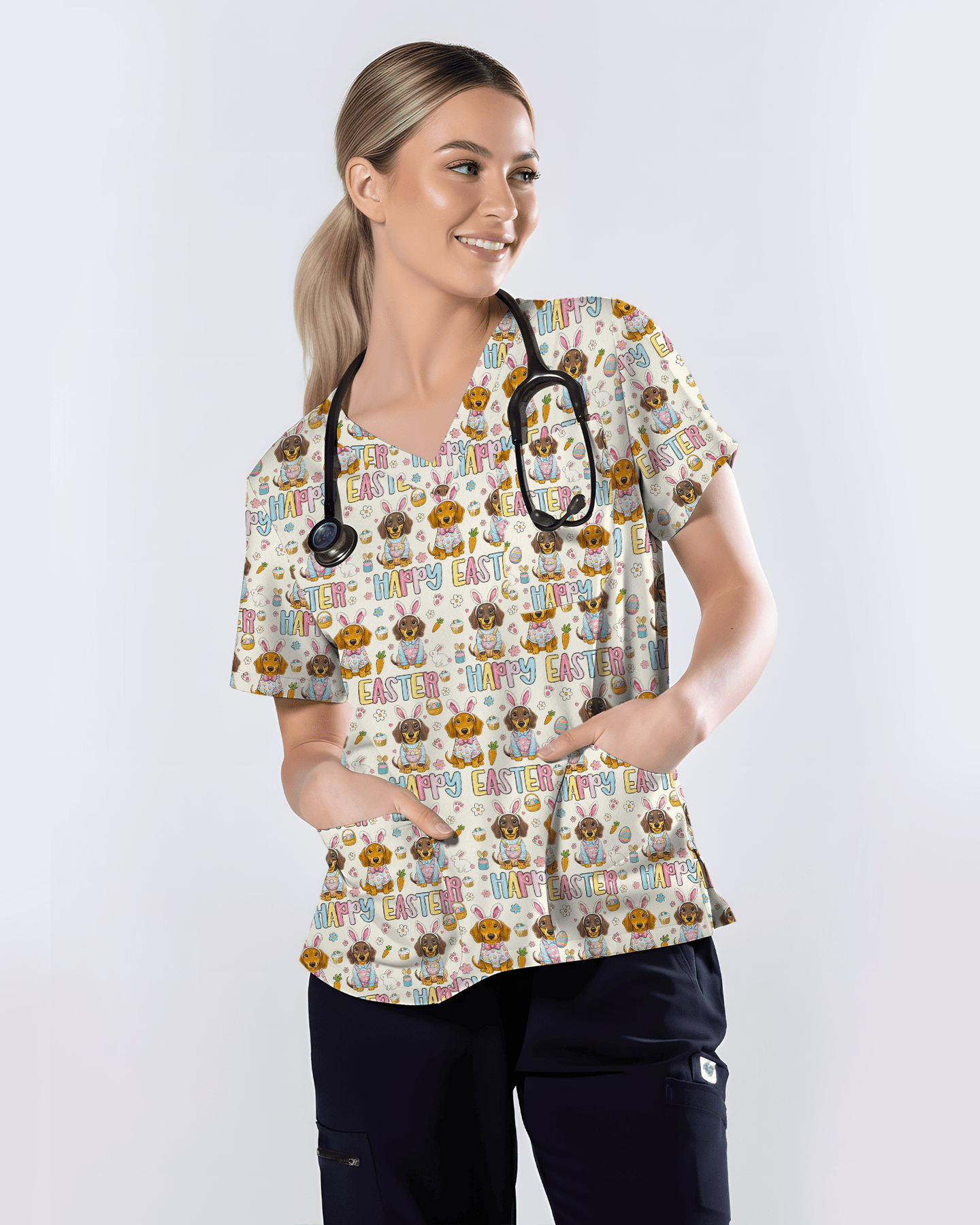 Happy Easter Dachshund Bunny Ears Cute Nurse Scrub Top - Scrubloop