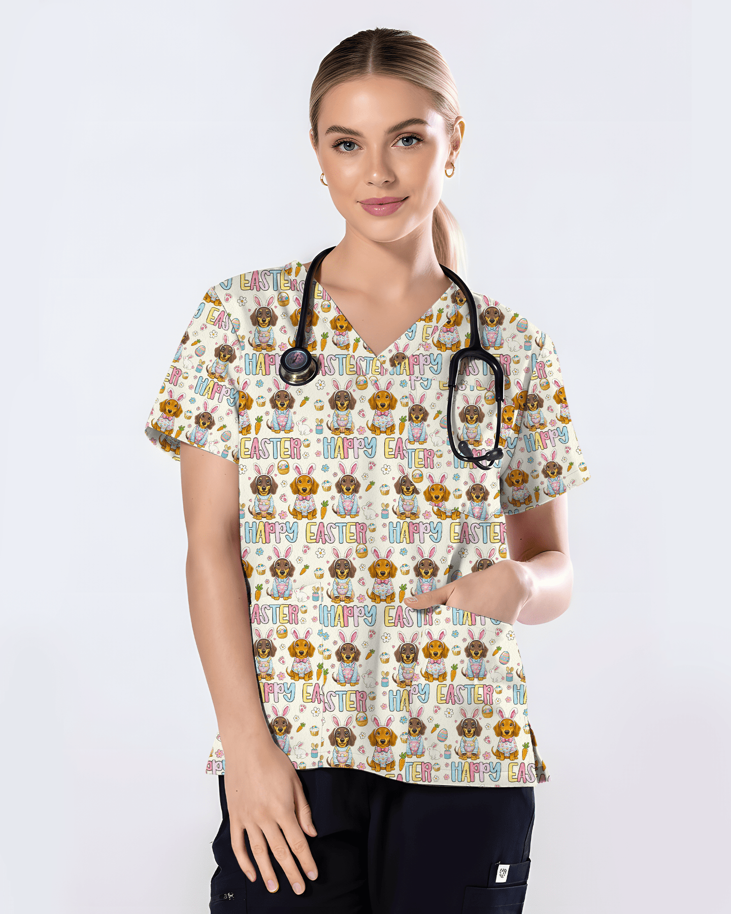 Happy Easter Dachshund Bunny Ears Cute Nurse Scrub Top - Scrubloop