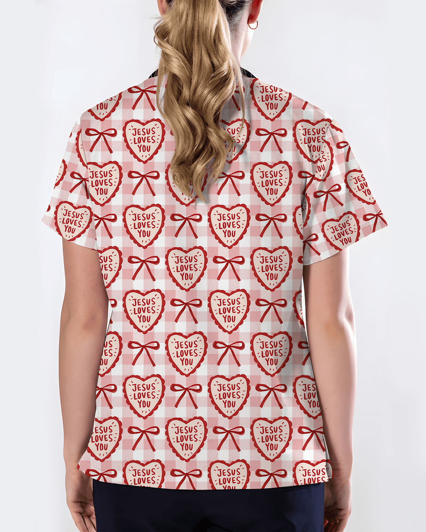 Jesus Loves You Heart Bow Nursing Scrub Top - Scrubloop
