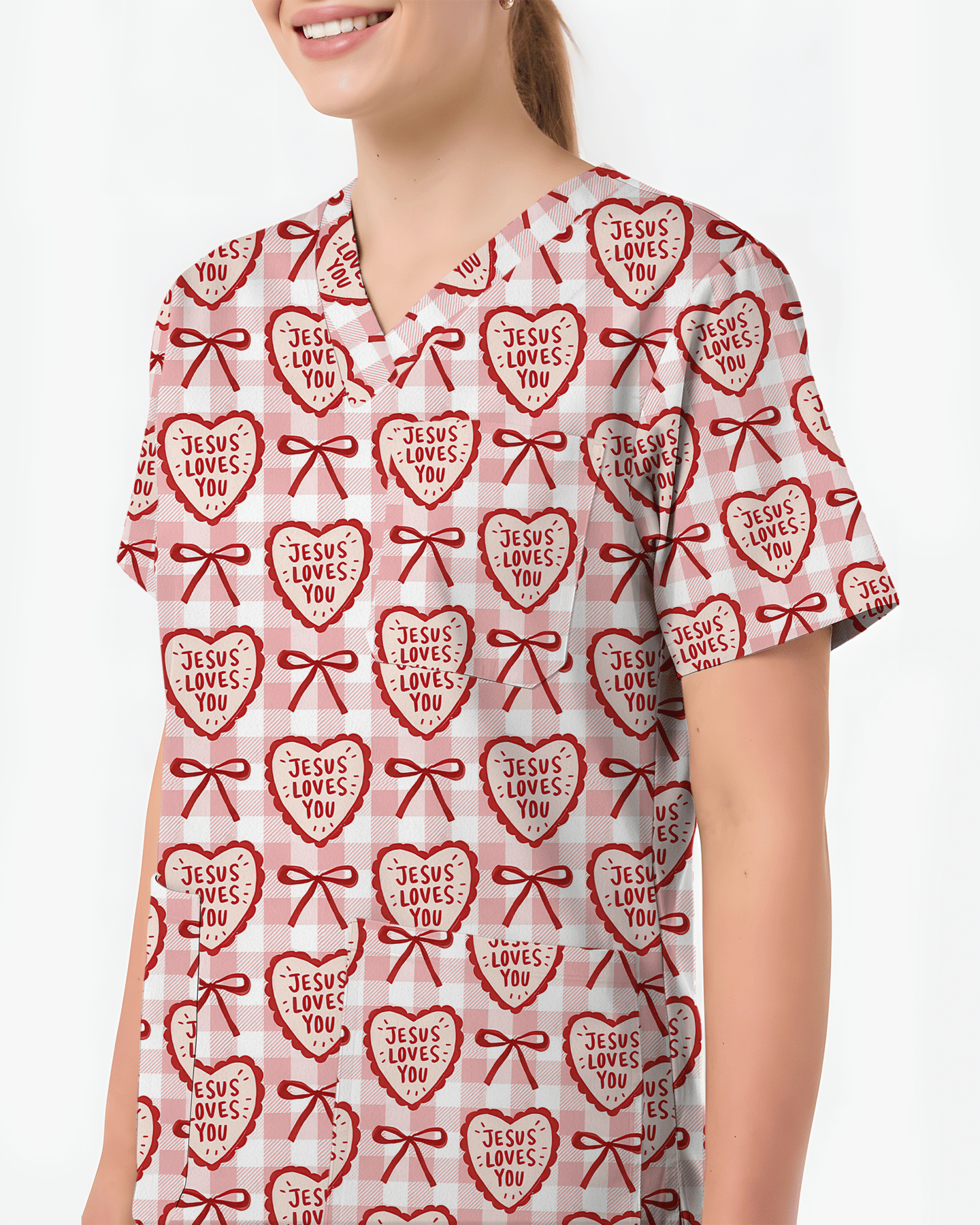 Jesus Loves You Heart Bow Nursing Scrub Top - Scrubloop