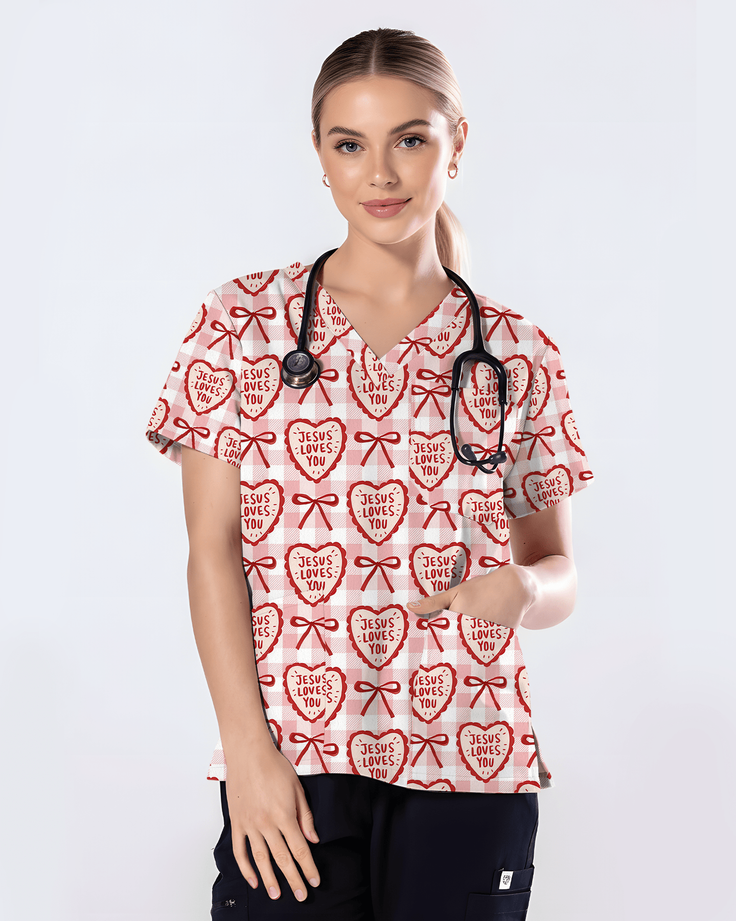 Jesus Loves You Heart Bow Nursing Scrub Top - Scrubloop