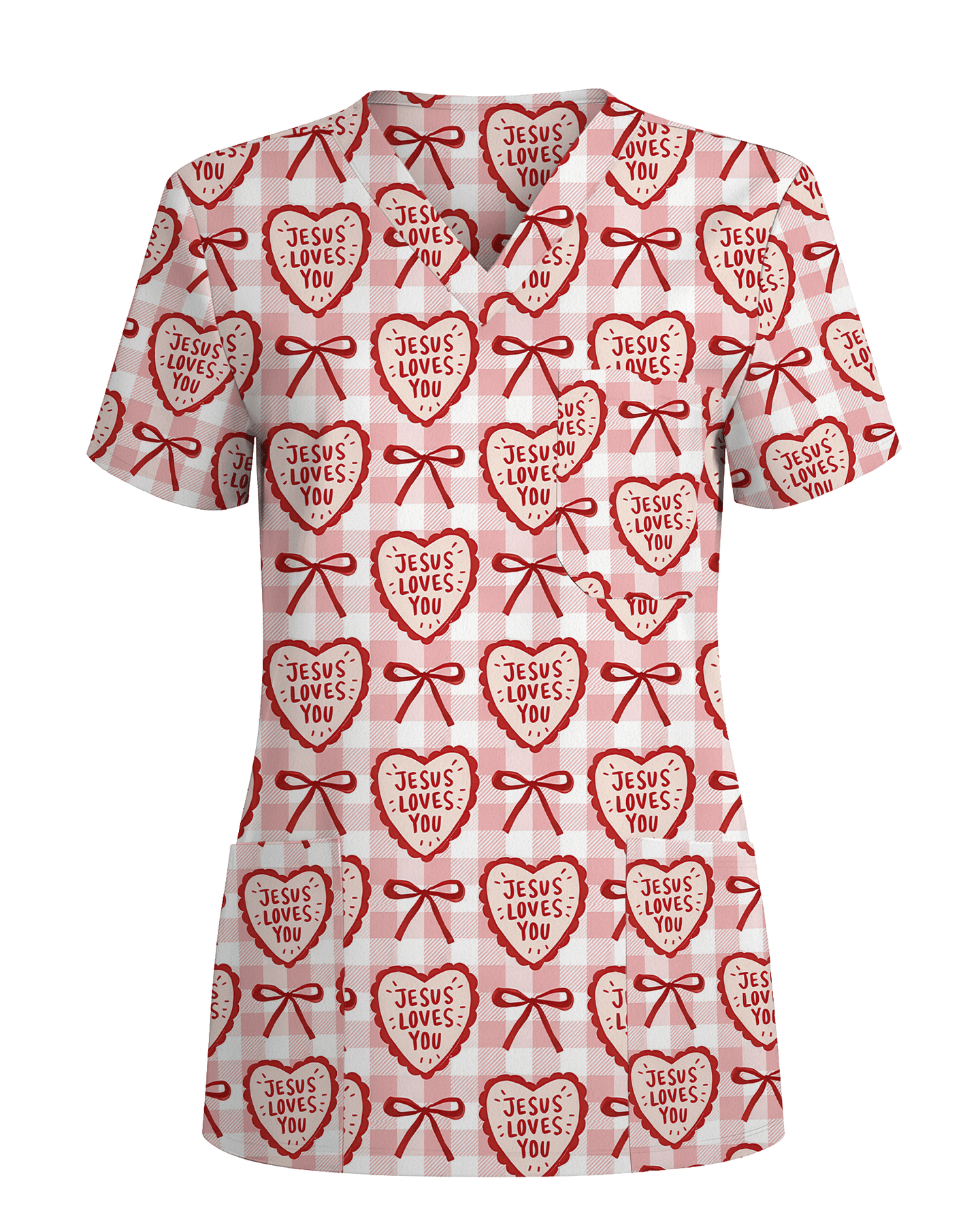 Jesus Loves You Heart Bow Nursing Scrub Top - Scrubloop