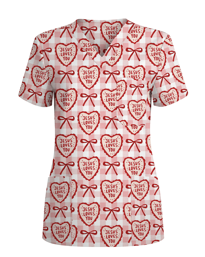 Jesus Loves You Heart Bow Nursing Scrub Top