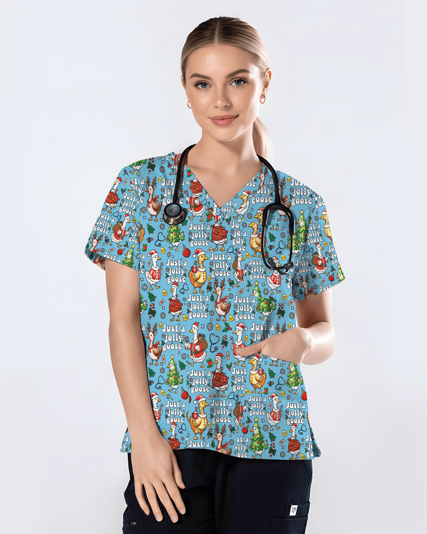 Just A Jolly Goose Christmas Holiday Nursing Scrub Top - Scrubloop