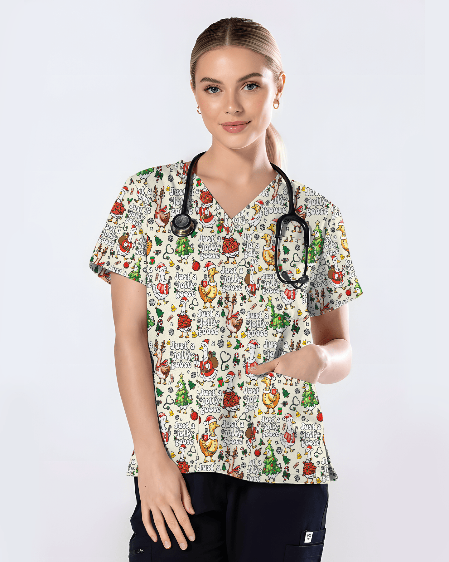 Just A Jolly Goose Christmas Holiday Nursing Scrub Top - Scrubloop