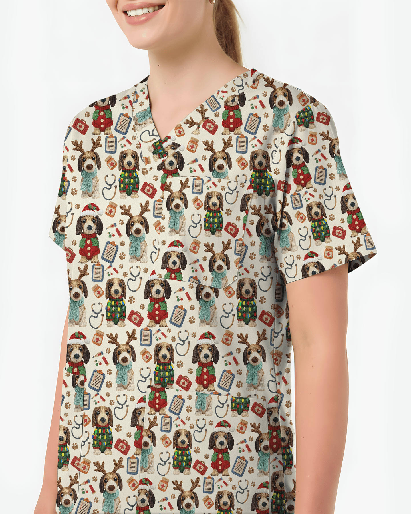 Knit Puppy Love Christmas Holiday Nursing Scrub Top - Scrubloop