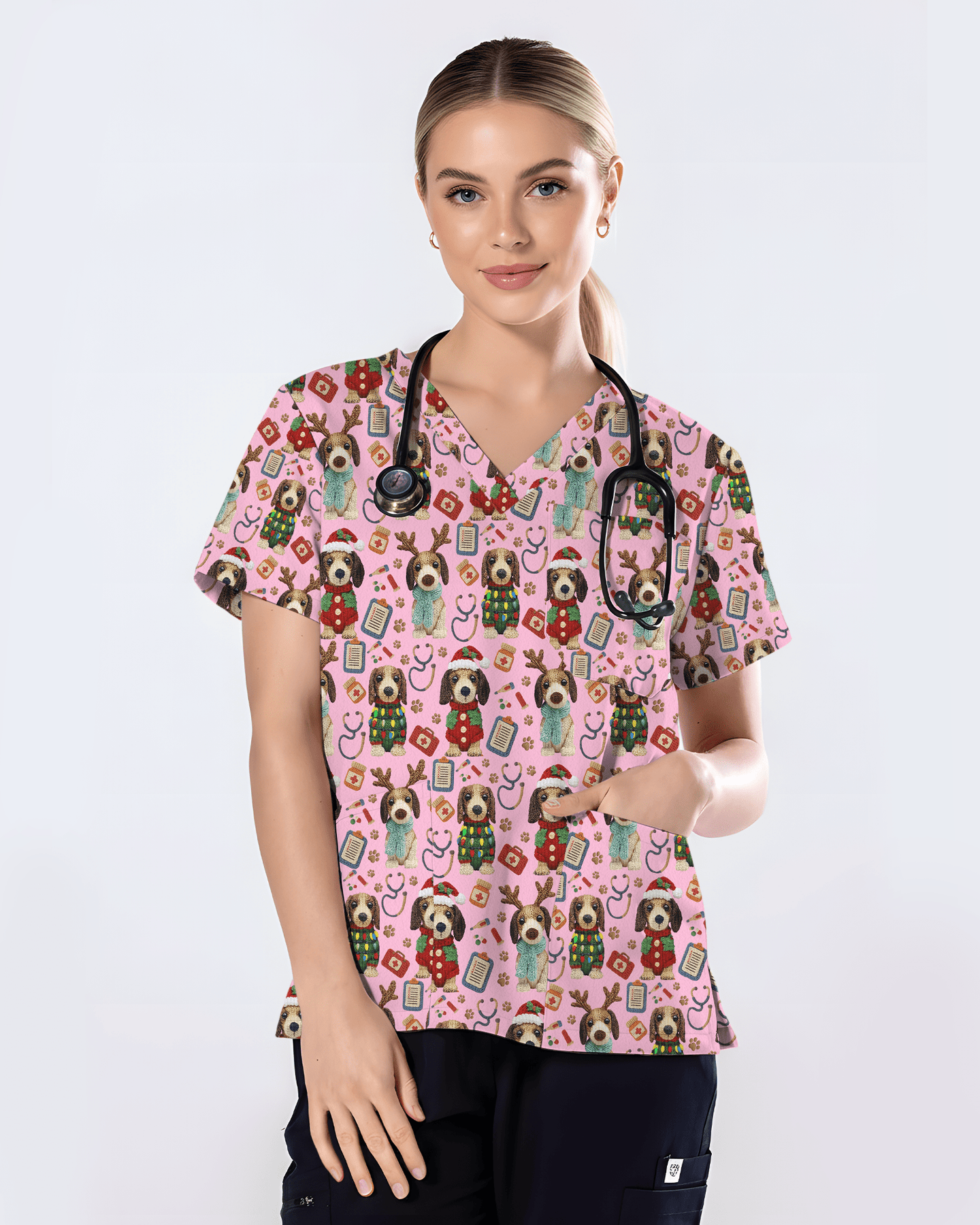 Knit Puppy Love Christmas Holiday Nursing Scrub Top - Scrubloop
