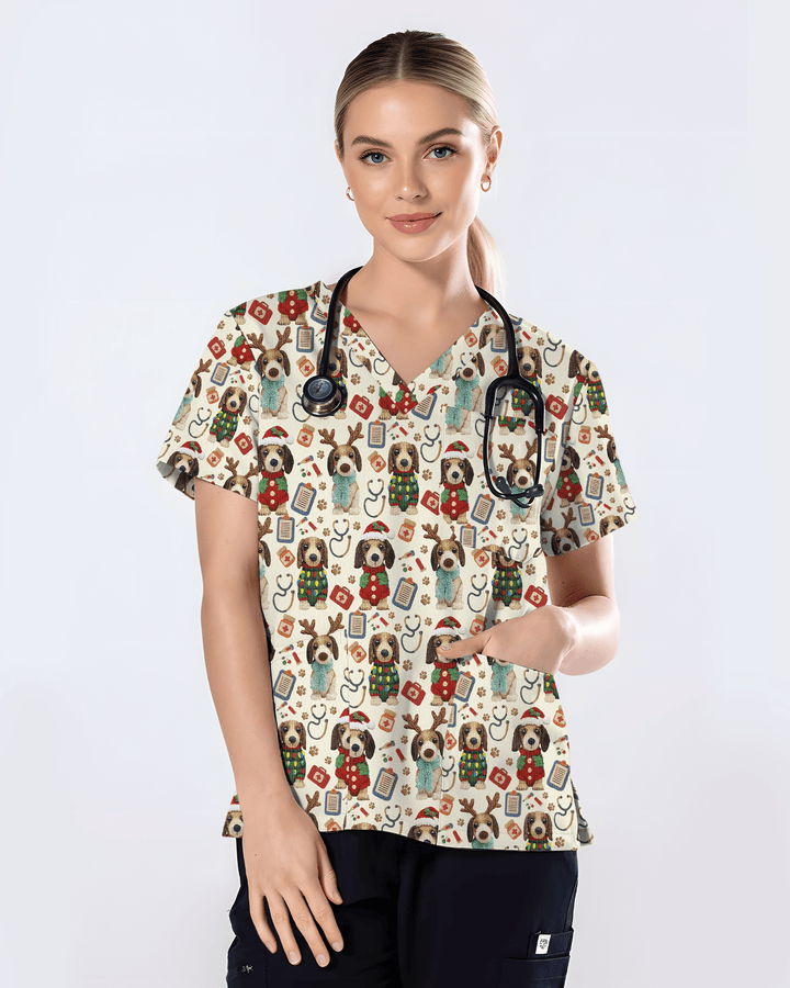 Knit Puppy Love Christmas Holiday Nursing Scrub Top