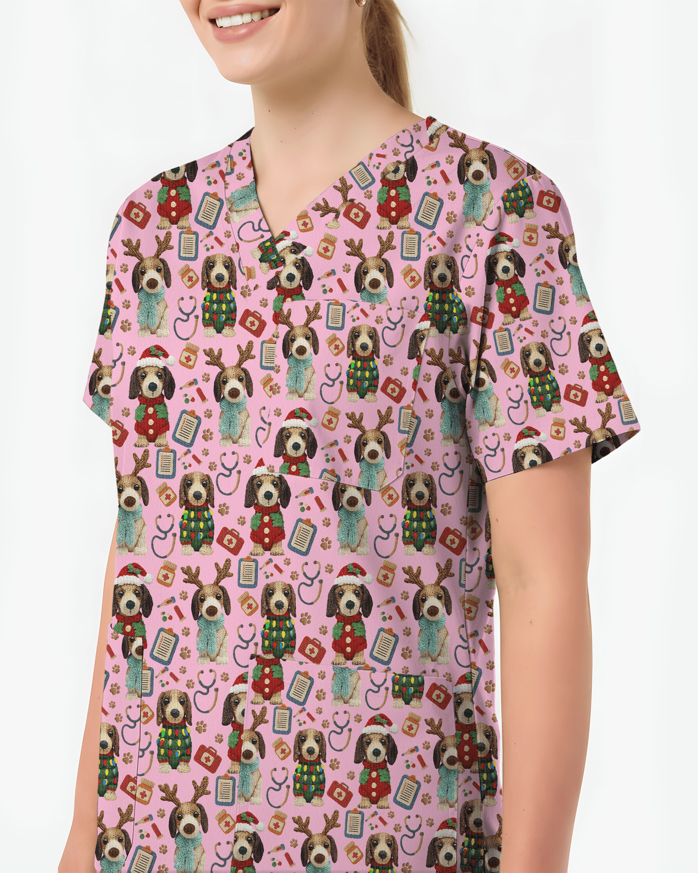 Knit Puppy Love Christmas Holiday Nursing Scrub Top - Scrubloop