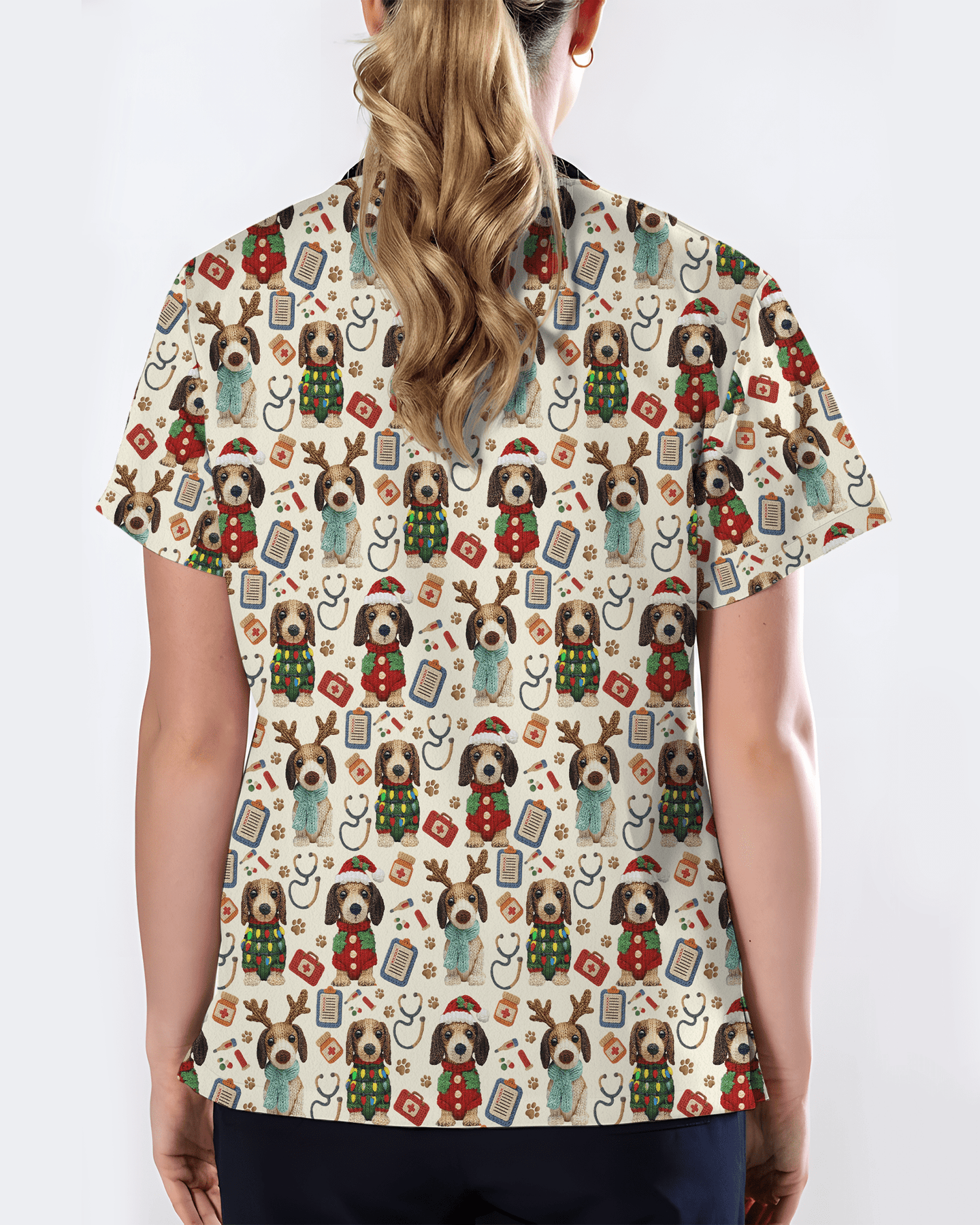 Knit Puppy Love Christmas Holiday Nursing Scrub Top - Scrubloop