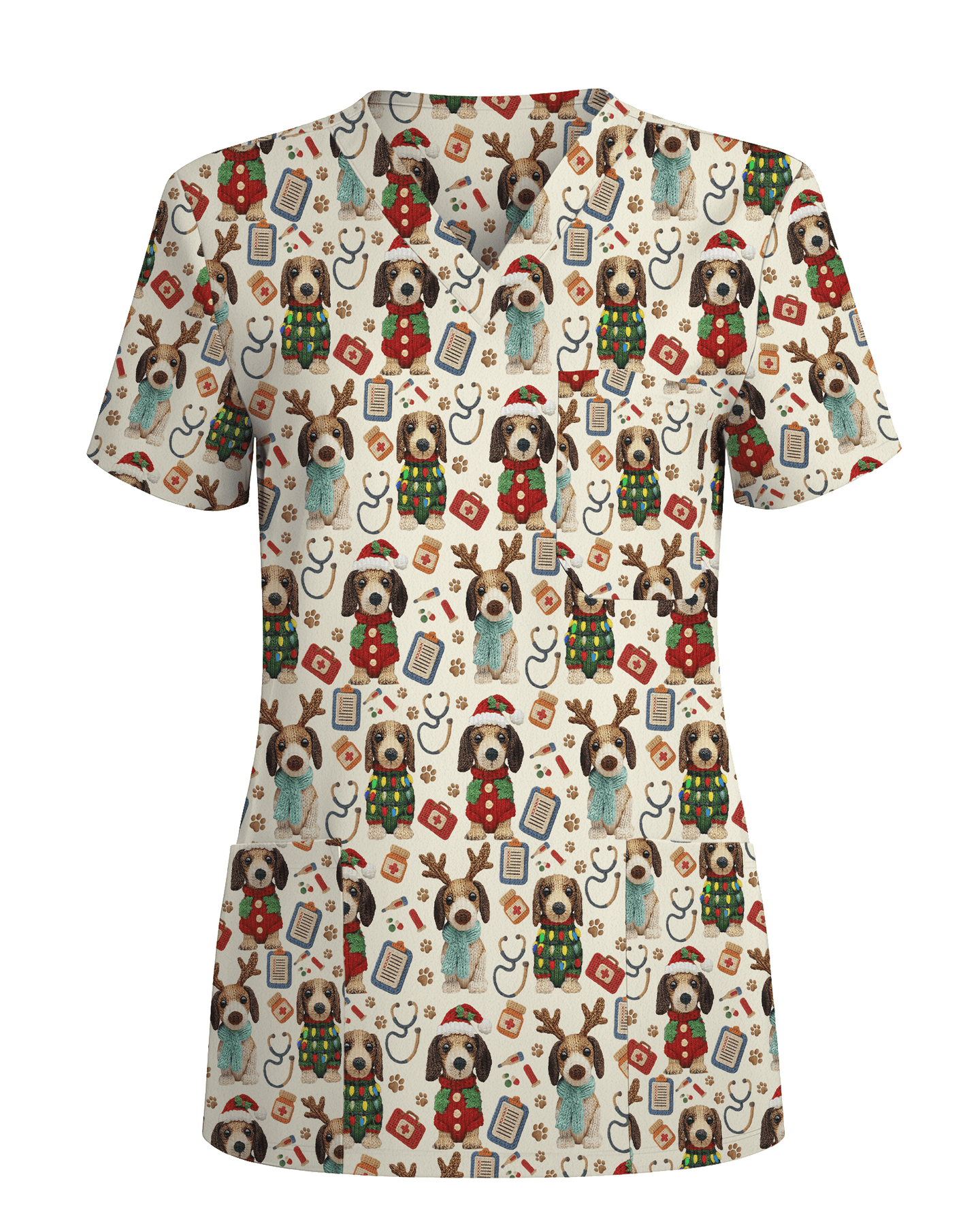 Knit Puppy Love Christmas Holiday Nursing Scrub Top - Scrubloop