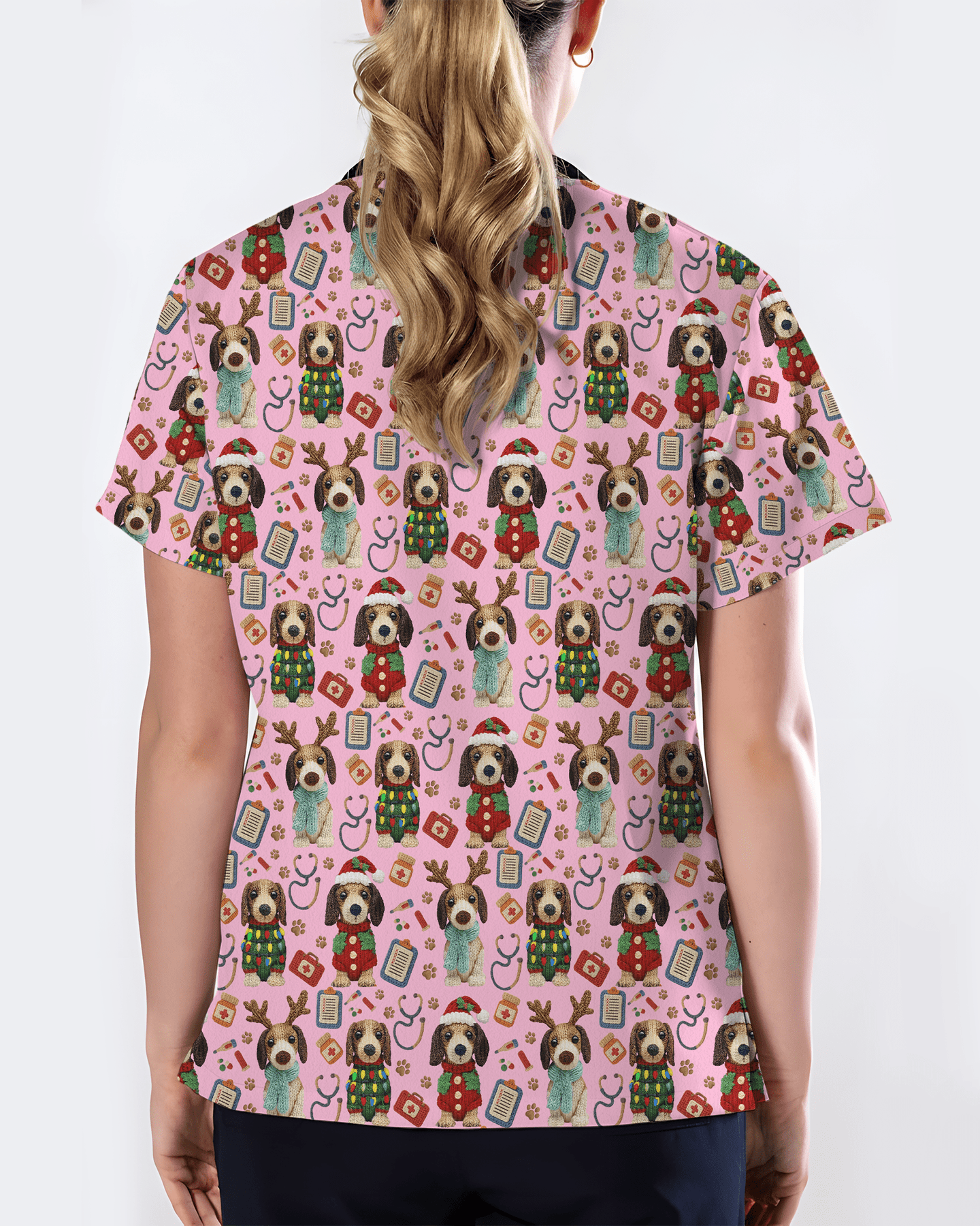 Knit Puppy Love Christmas Holiday Nursing Scrub Top - Scrubloop