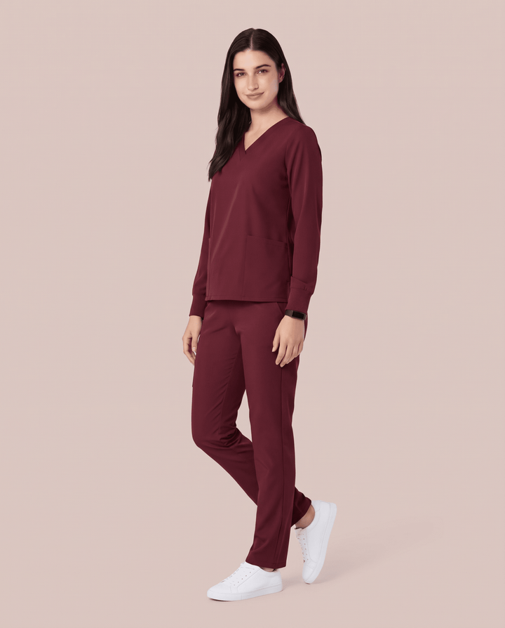 Long-Sleeve 6-Pocket V-neck Top Burgundy