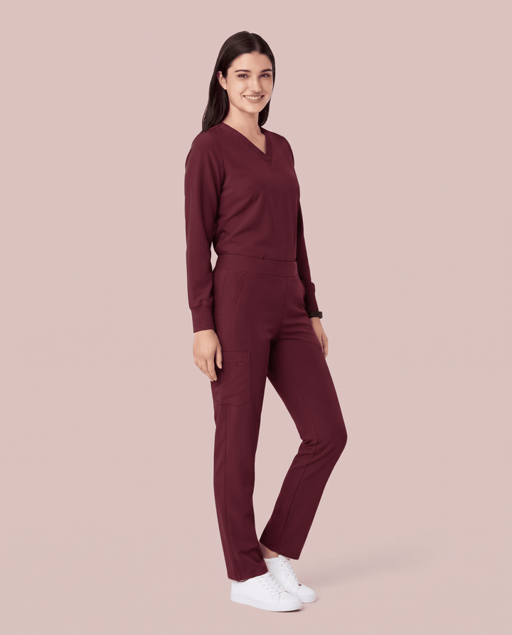 Long-Sleeve 6-Pocket V-neck Top Burgundy