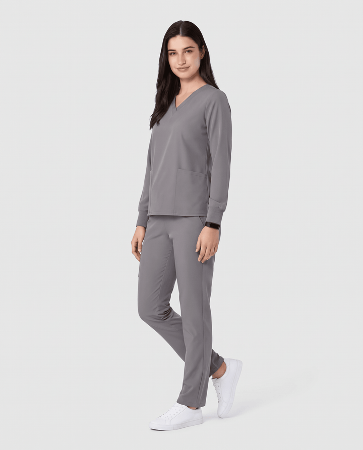 Long-Sleeve 6-Pocket V-neck Top Heather Gray